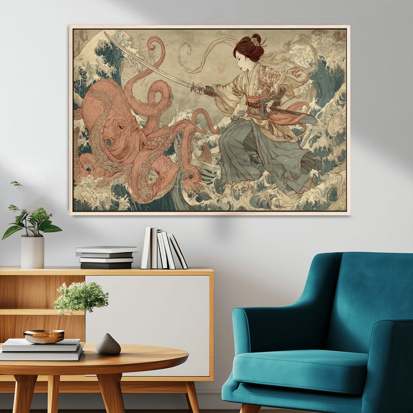 54879547-MGV-CV-36X24-Samurai Woman Wall Art – Japanese Ukiyo-e Style Canvas Print with Katana and Octopus, Traditional Asian Inspired Battle Artwork