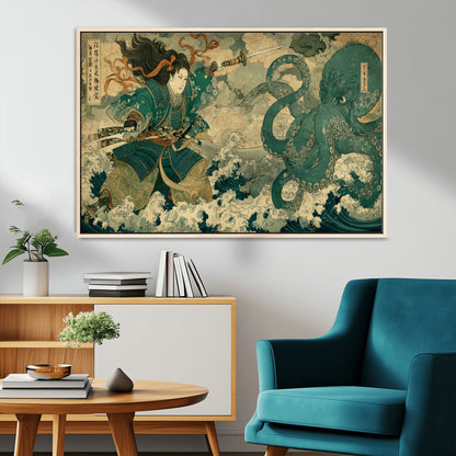 24416422-MGV-CV-36X24-Samurai vs Octopus Wall Art – Japanese Warrior Ocean Battle Canvas Print, Ukiyo e Inspired Decor for Home, Office, or Man Cave
