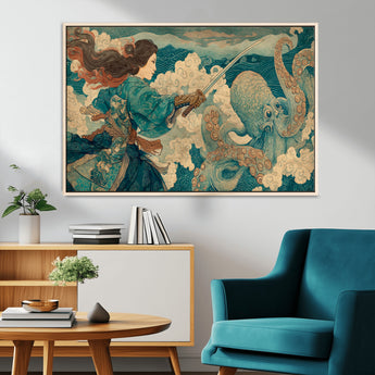 37943964-MGV-CV-36X24-Samurai Warrior vs Octopus Wall Art – Japanese Ukiyo-e Style Canvas Print, Ocean Battle Scene Artwork for Living Room, Office, Man