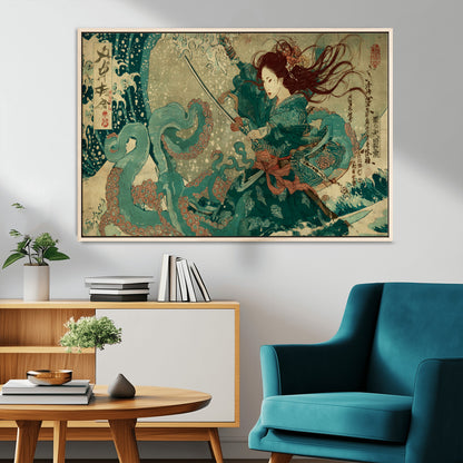 86918027-MGV-FC-36X24_Natural-Tsukioka Yoshitoshi Samurai Wall Art Print, Japanese Katana Warrior Canvas Wall Art, Octopus Sea Monster Canvas Print,