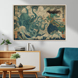 60346622-MGV-CV-36X24-Samurai Warrior vs Octopus Wall Art – Japanese Ukiyo-e Style Ocean Battle Canvas Print, Traditional Samurai Artwork for Living