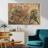 63782167-MGV-FC-36X24_Natural-Tsukioka Yoshitoshi Samurai Wall Art Print, Japanese Katana Warrior Canvas Wall Art, Octopus Sea Monster Canvas Print,