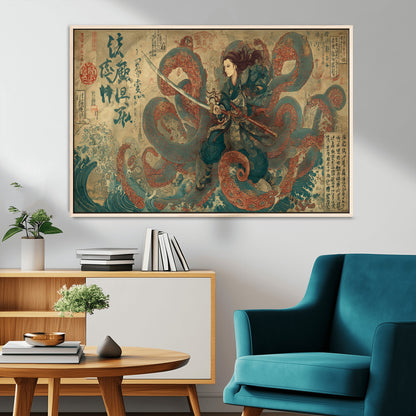 98593115-MGV-FC-36X24_Natural-Tsukioka Yoshitoshi Samurai Wall Art Print, Japanese Katana Warrior Canvas Wall Art, Octopus Sea Monster Canvas Print,