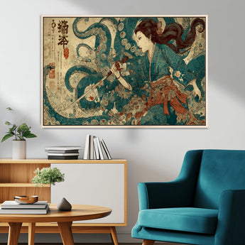 18575670-MGV-CV-36X24-Samurai Woman vs Octopus Wall Art – Japanese Ukiyo-e Ocean Battle Canvas Print, Traditional Warrior Artwork for Living Room,