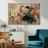 50812504-MGV-CV-36X24-Samurai Woman vs Octopus Wall Art – Japanese Ukiyo-e Red Tentacle Canvas Print, Ocean Battle Artwork for Living Room, Office, Man