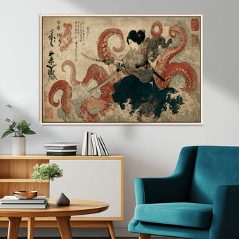 50812504-MGV-CV-36X24-Samurai Woman vs Octopus Wall Art – Japanese Ukiyo-e Red Tentacle Canvas Print, Ocean Battle Artwork for Living Room, Office, Man