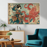 68844327-MGV-FC-36X24_Natural-Tsukioka Yoshitoshi Samurai Wall Art Print, Japanese Katana Warrior Canvas Wall Art, Octopus Sea Monster Canvas Print,