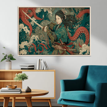 35461724-MGV-CV-36X24-Samurai Woman vs Octopus Wall Art – Japanese Ukiyo-e Ocean Waves Canvas Print, Red Tentacle Battle Artwork for Living Room,