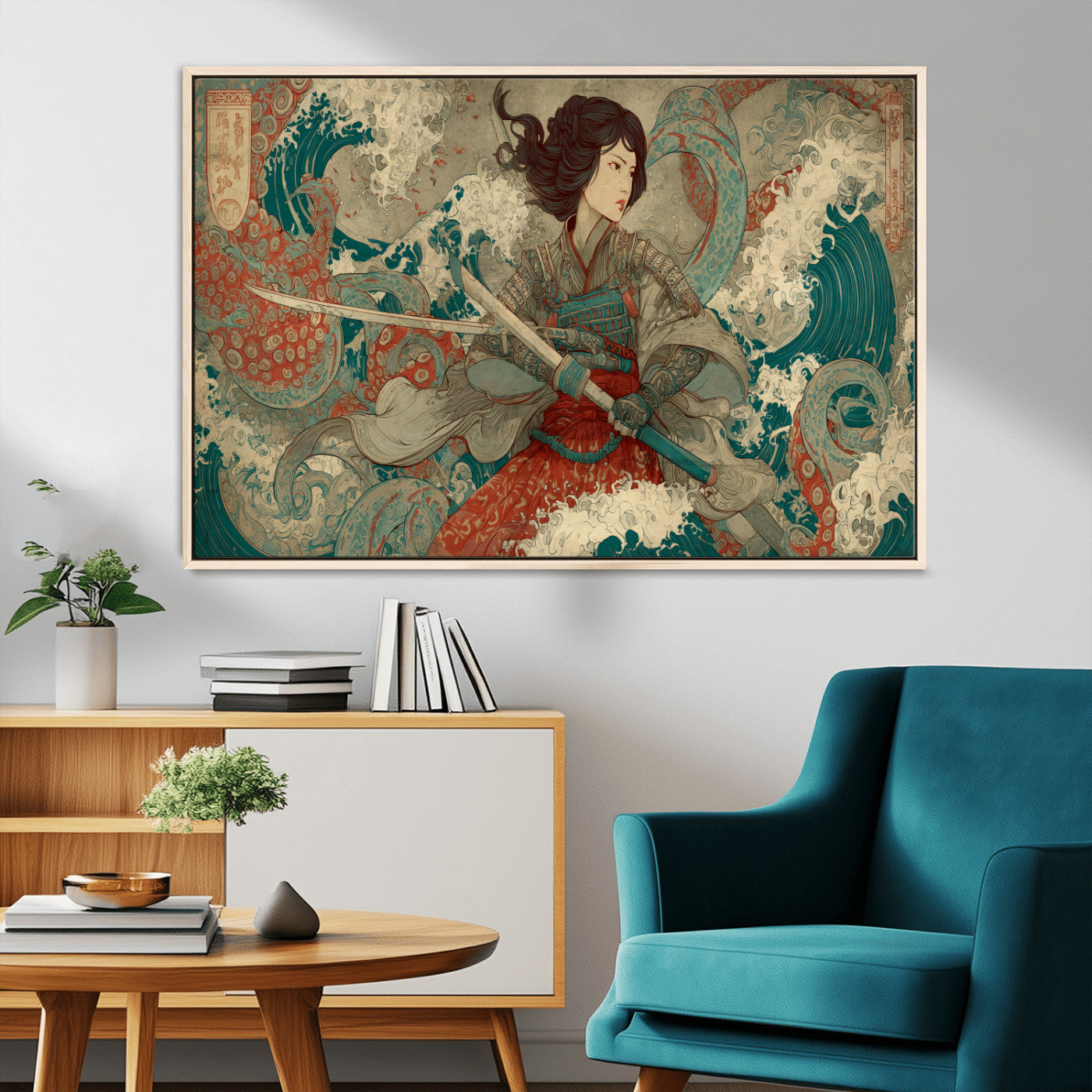 63377977-MGV-FC-36X24_Natural-Tsukioka Yoshitoshi Samurai Wall Art Print, Japanese Katana Warrior Canvas Wall Art, Octopus Sea Monster Canvas Print,