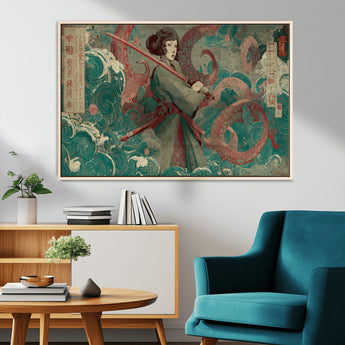 91666601-MGV-CV-36X24-Samurai Woman vs Octopus Wall Art – Japanese Ukiyo-e Green Robe Canvas Print, Ocean Battle Artwork for Living Room, Office, Man