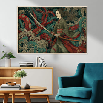 18902796-MGV-CV-36X24-Samurai Woman vs Octopus Wall Art – Japanese Ukiyo-e Green Kimono Canvas Print, Ocean Battle Scene Artwork for Living Room,