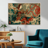 60201267-MGV-CV-36X24-Samurai Woman vs Octopus Wall Art – Japanese Ukiyo-e Armor Canvas Print, Red Tentacle Ocean Battle Artwork for Living Room,