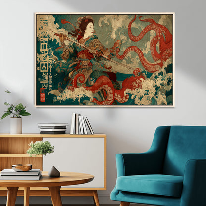 60201267-MGV-CV-36X24-Samurai Woman vs Octopus Wall Art – Japanese Ukiyo-e Armor Canvas Print, Red Tentacle Ocean Battle Artwork for Living Room,