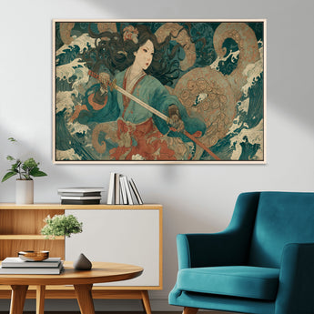 79740258-MGV-CV-36X24-Samurai Woman vs Octopus Wall Art – Japanese Ukiyo-e Blue Kimono Canvas Print, Ocean Battle Artwork for Living Room, Office, Man