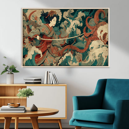 30212982-MGV-CV-36X24-Samurai Woman vs Octopus Wall Art – Japanese Ukiyo-e Style Warrior and Sea Monster Canvas Print, Mythology Inspired Artwork for