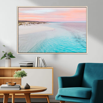 41613614-MGV-CV-36X24-Beach Sunset Wall Art – Pastel Ocean Canvas Print, Turquoise Water and Pink Sky Photography Decor for Bedroom, Living Room, Office