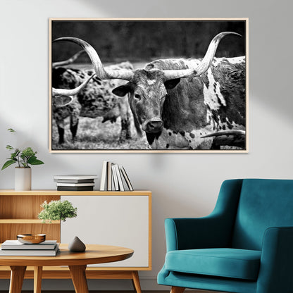 15425553-MGV-CV-36X24-Western Wall Art – Longhorn Cattle Black and White Canvas Print, Rustic Ranch Photography Decor for Bedroom, Living Room, Office,
