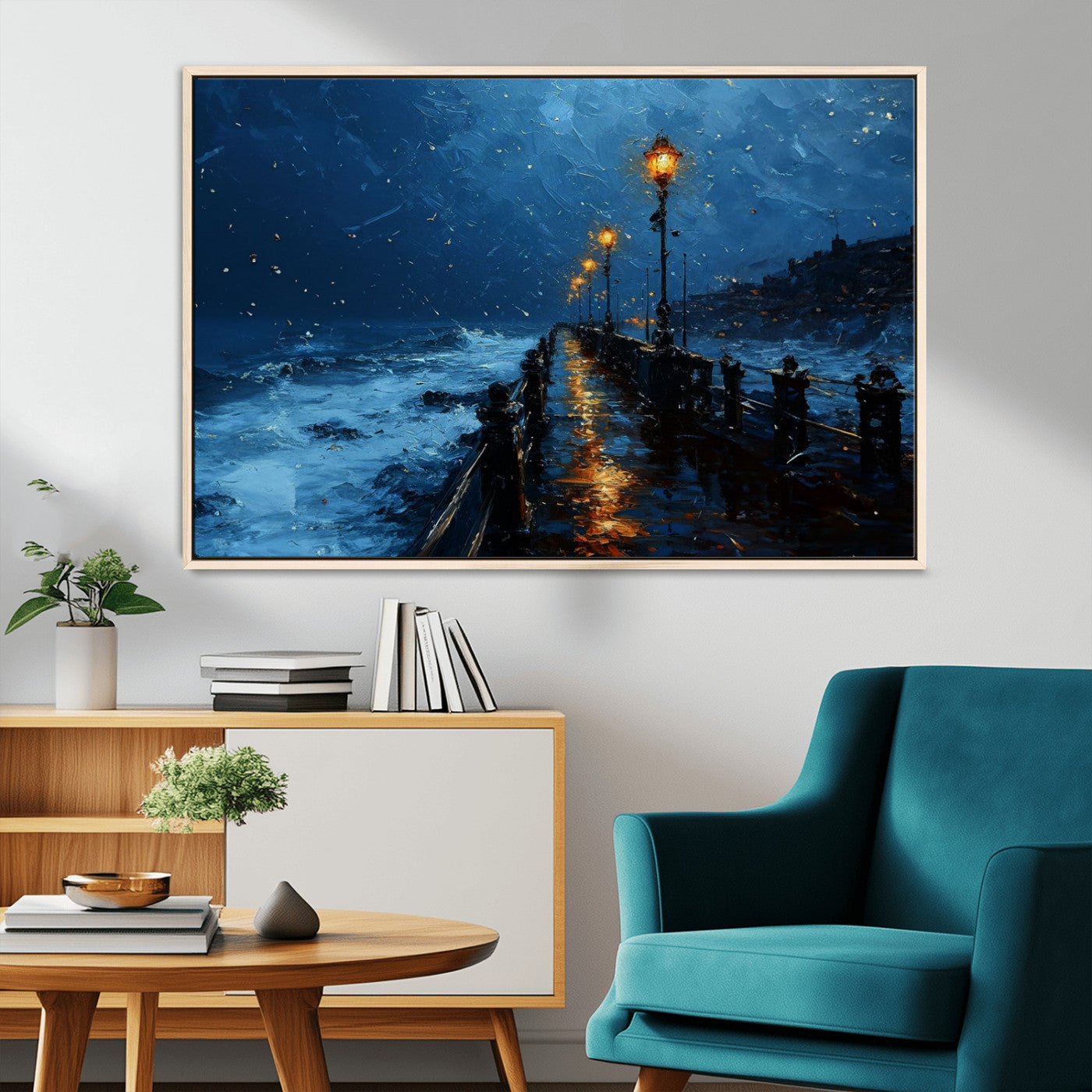 48300530-MGV-FC-36X24_Natural-Dark Stormy Pier Canvas Wall Art – Moody Ocean Night Scene with Street Lamps, Blue Coastal Seascape Print for Bedroom, Office, or