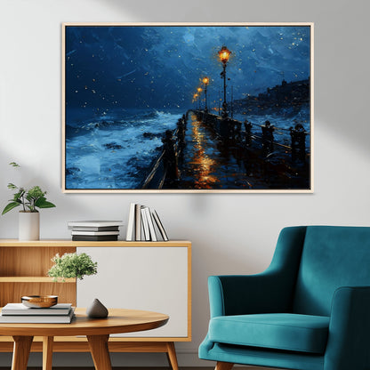 48300530-MGV-CV-36X24-Night Pier Wall Art – Moody Ocean Boardwalk Canvas Print, Impressionist Coastal Seascape Painting Decor for Living Room, Office,