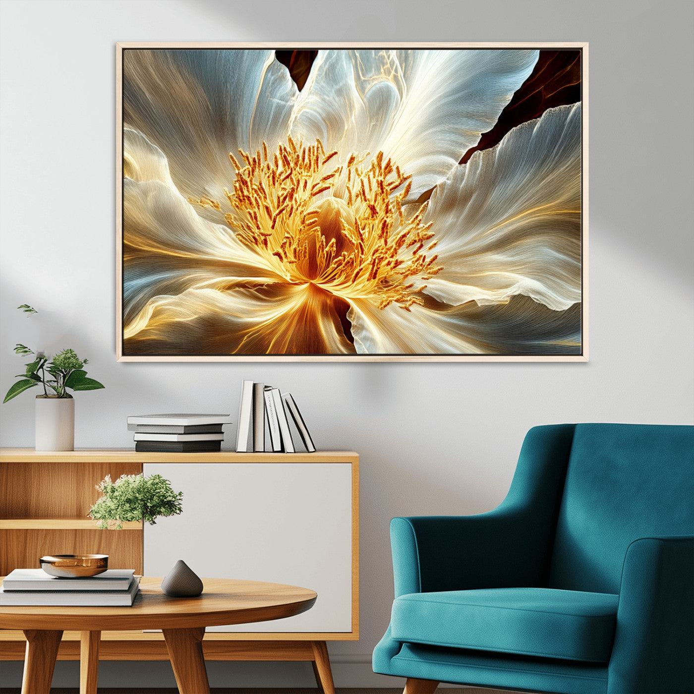 20862576-MGV-CV-36X24-Golden Abstract Flower Canvas Wall Art – Modern Botanical Bloom Print, Elegant Floral Artwork for Living Room, Bedroom, Office
