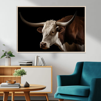 27414857-MGV-FC-36X24_Natural-Texas Longhorn Bull Canvas Wall Art – Rustic Western Farmhouse Decor, Brown & White Cow Portrait, Animal Print for Ranch Home
