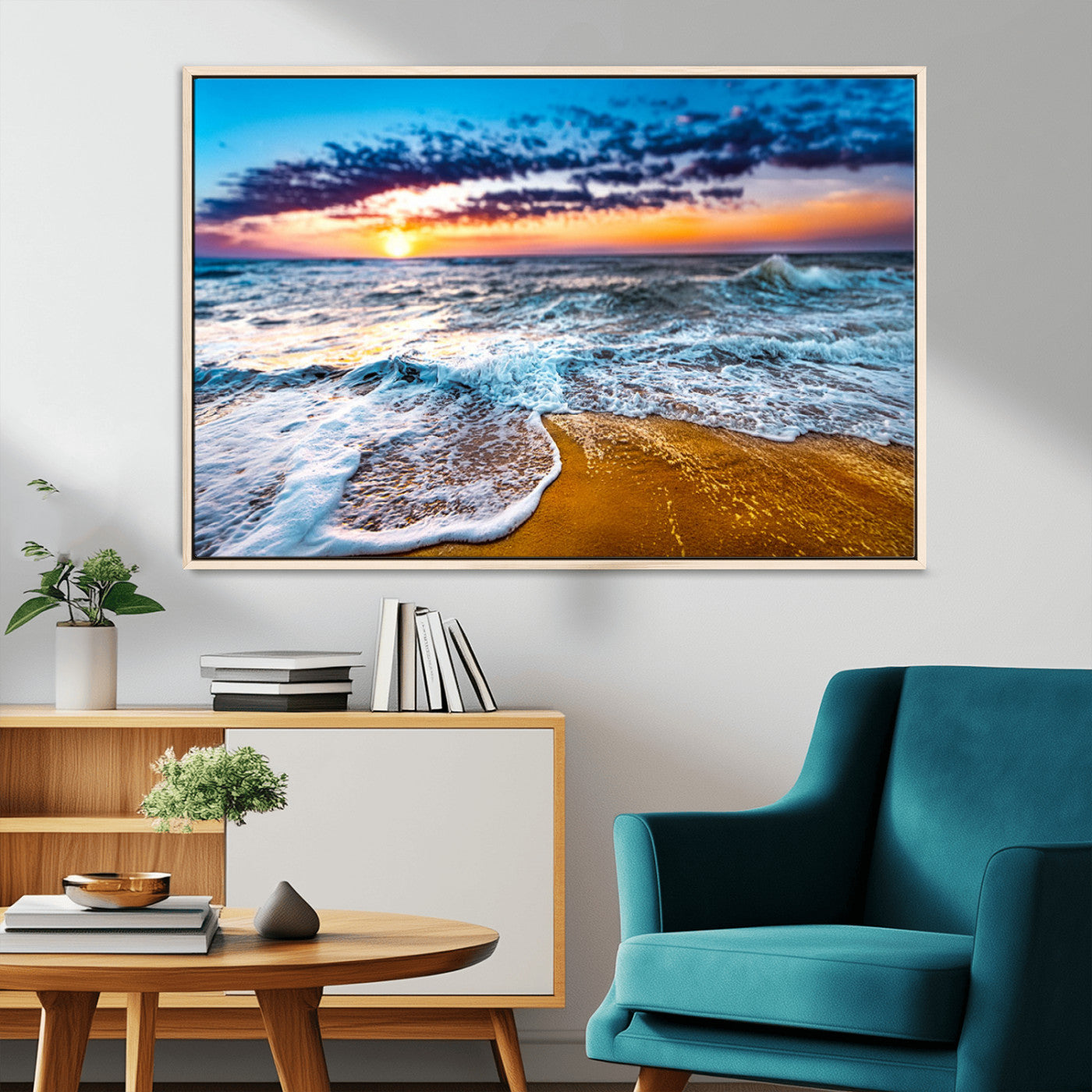 24077769-MGV-CV-36X24-Sunset Beach Wall Art – Ocean Waves Canvas Print, Golden Shoreline Photography Coastal Decor for Living Room, Bedroom, Office,