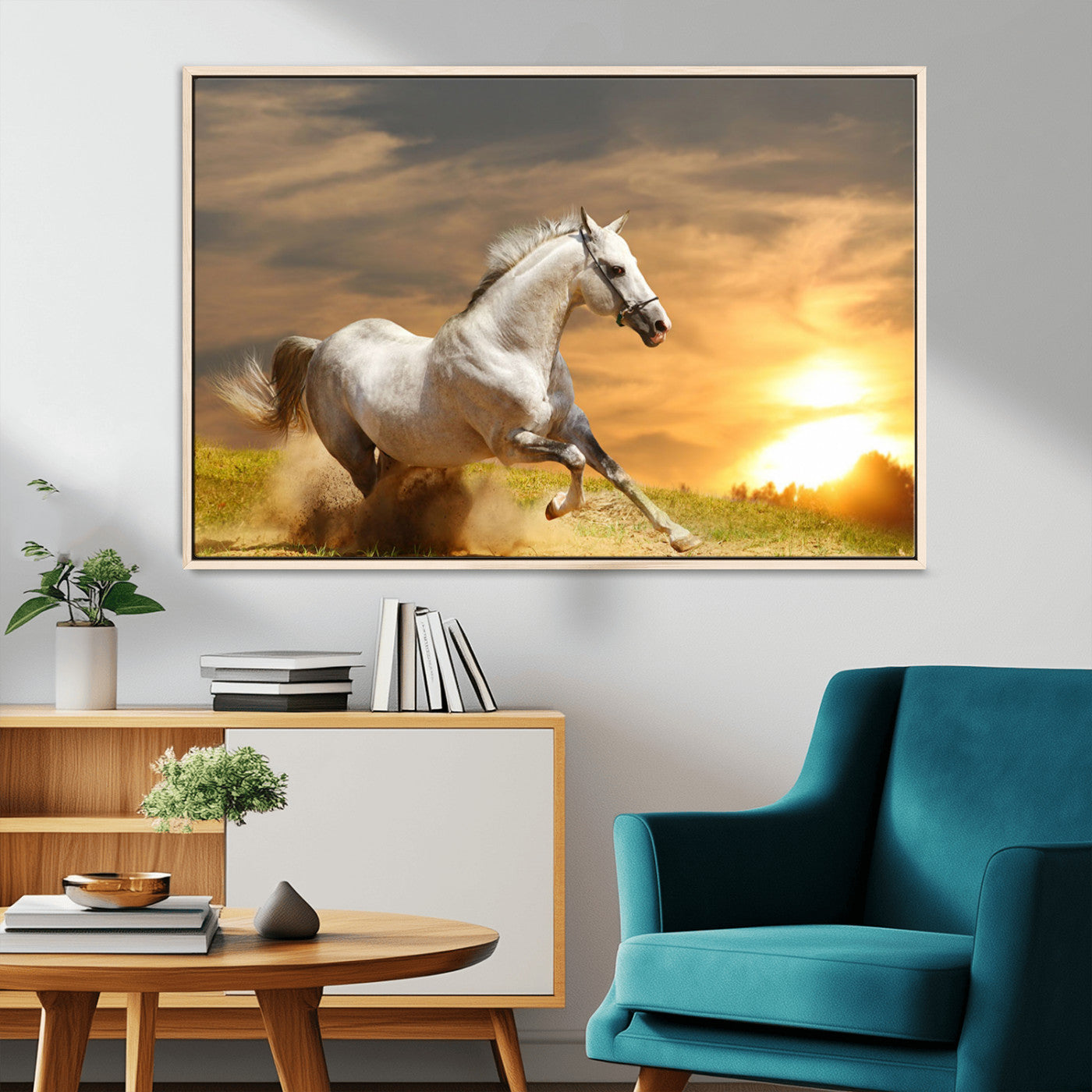 67478480-MGV-CV-36X24-White Horse Running at Sunset Wall Art – Majestic Equestrian Photography Print, Rustic Farmhouse Decor, Golden Sky Horse Lover