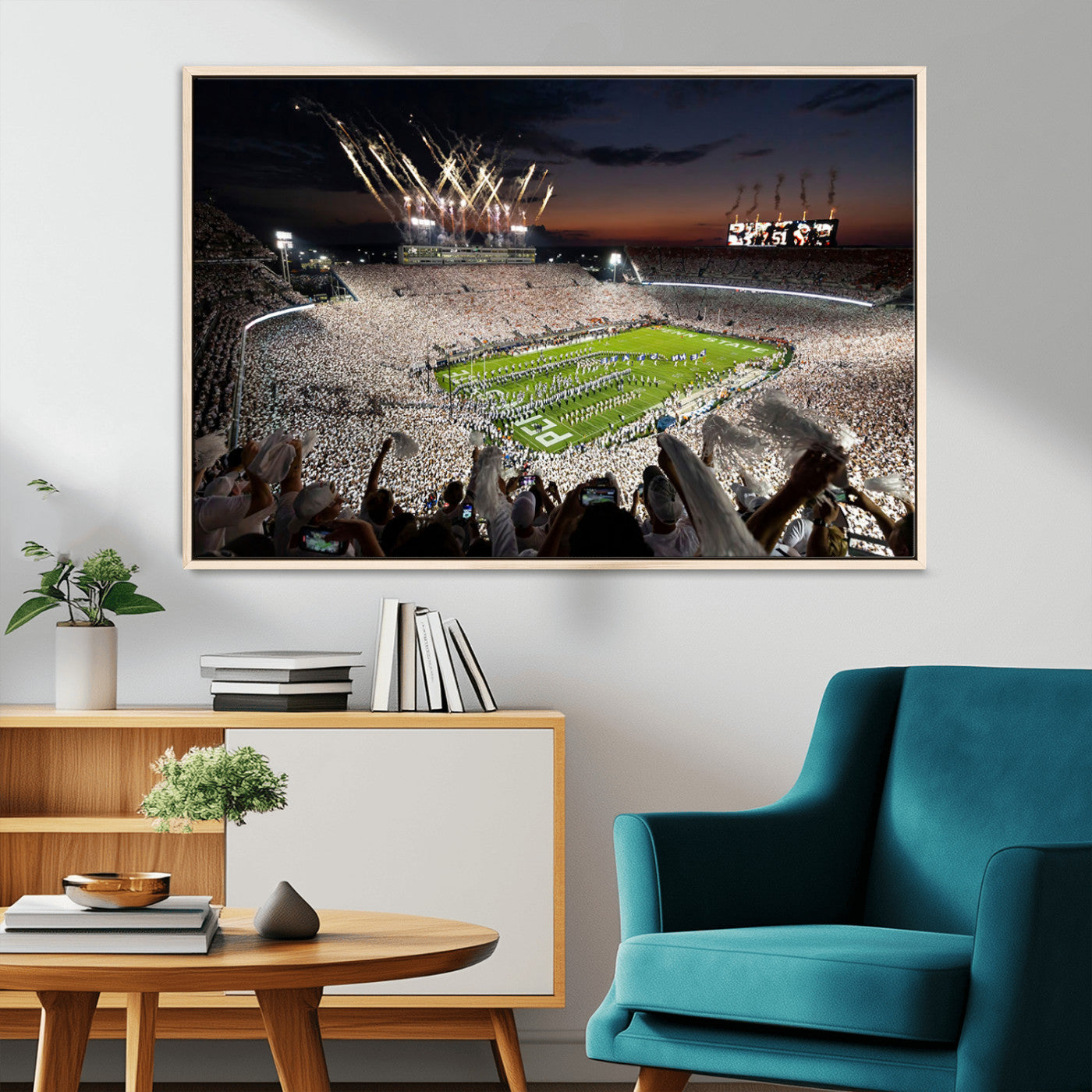 11221988-MGV-CV-36X24-Football Stadium Wall Art – Game Day Crowd with Fireworks, Sports Fan Photography Print, Stadium Decor for Man Cave, Bar, or