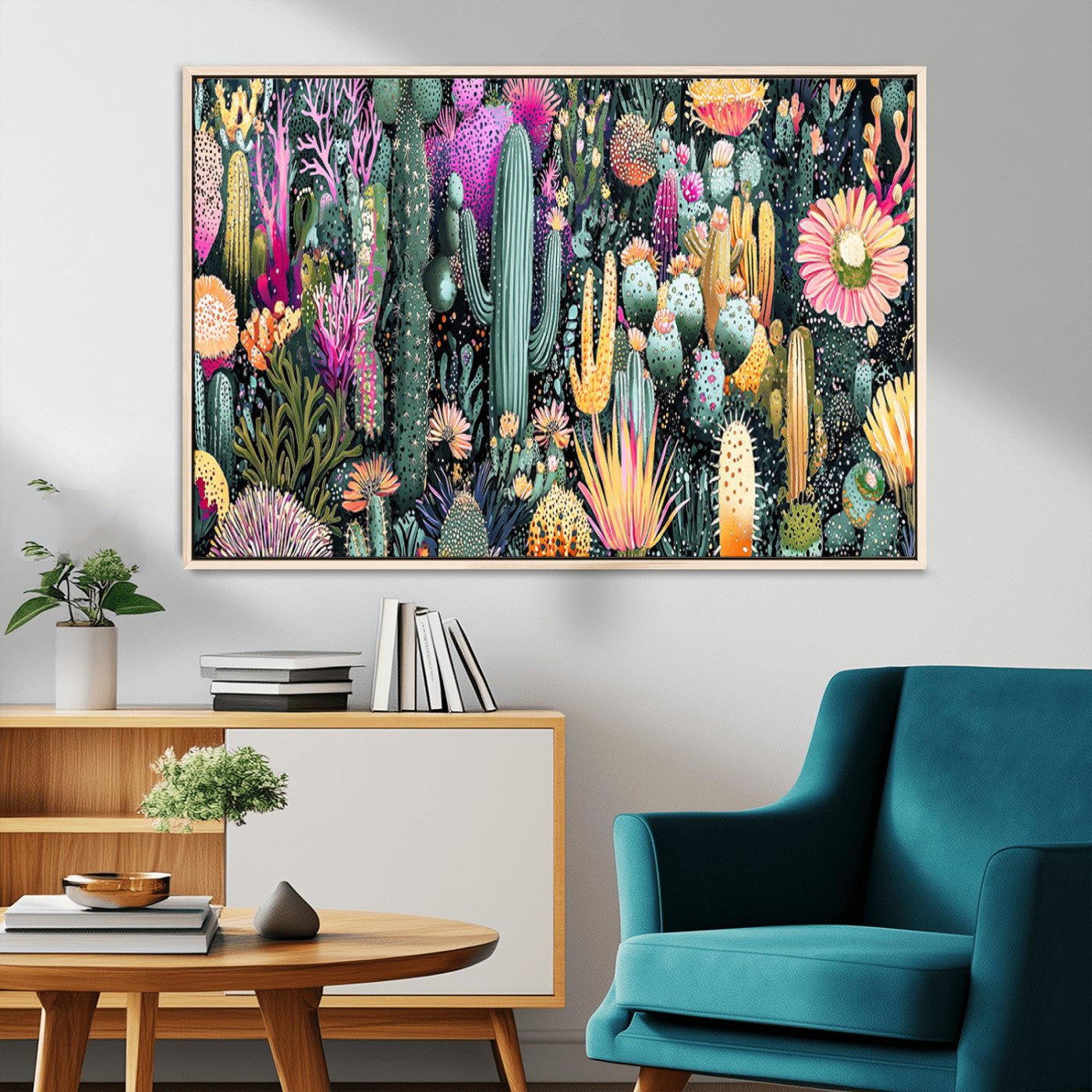 61768646-MGV-CV-36X24-Abstract Cactus Wall Art – Colorful Desert Botanical Print with Vibrant Succulents and Flowers, Modern Boho Southwest Decor for