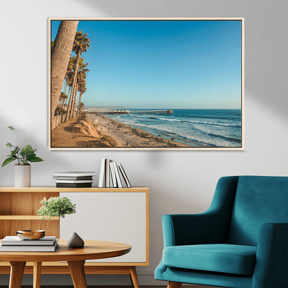 92568259-MGV-CV-36X24-California Beach Wall Art – Palm Tree Pier Canvas Print, Coastal Ocean Photography Seaside Decor for Living Room, Bedroom, Office,