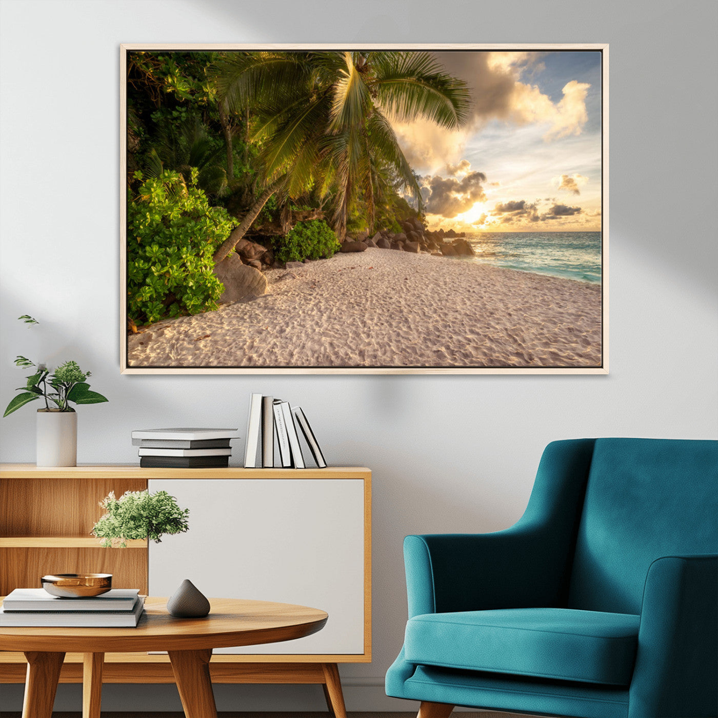 89531159-MGV-CV-36X24-Tropical Beach Sunset Canvas Wall Art – Palm Trees Golden Sand Ocean Waves Coastal Paradise Print for Beach House Bedroom Bathroom