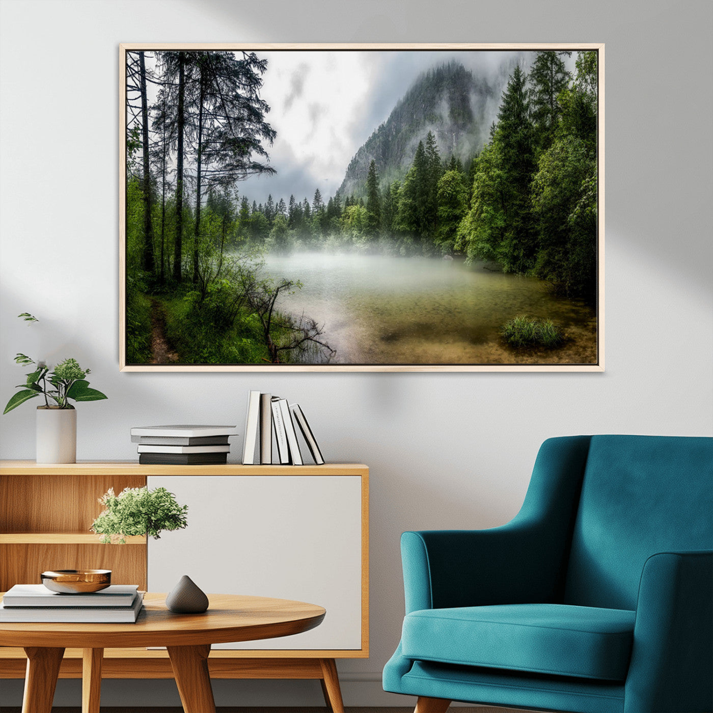 93123937-MGV-CV-36X24-Landscape Wall Art – Misty Mountain Lake Canvas Print, Tranquil Forest and Waterfall Photography Decor for Bedroom, Living Room,