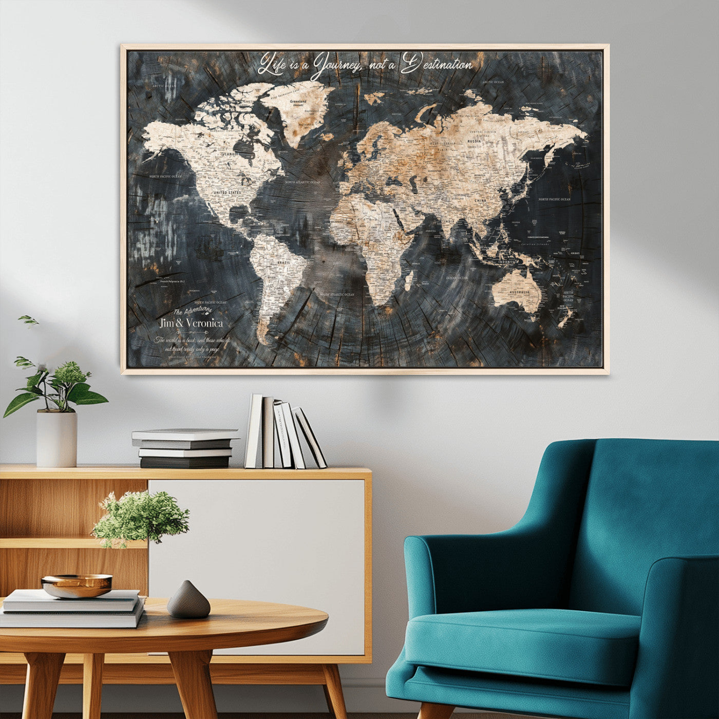 55548943-MGV-CV-36X24-Personalized World Map Wall Art – Rustic Wood Texture Adventure Travel Map with Custom Couple Names, Vintage Dark Wall Decor for