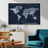 76726424-MGV-CV-36X24-Personalized World Map Wall Art – Navy Blue & Grey Adventure Travel Map with Custom Family or Couple Names, Modern Wall Decor for