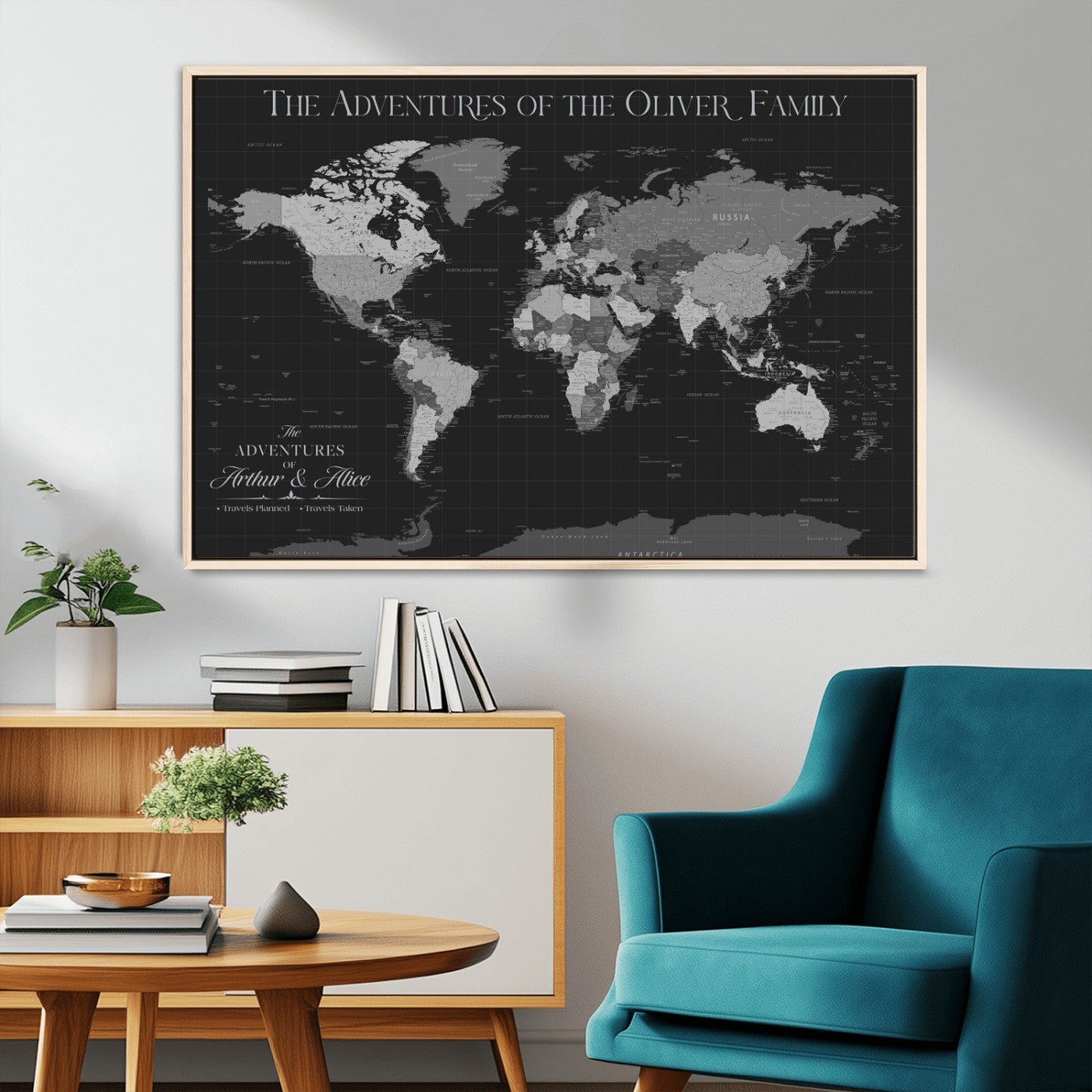 46064114-MGV-CV-36X24-Personalized World Map Wall Art – Black & Grey Adventure Travel Map with Custom Family or Couple Names, Modern Wall Decor for Home