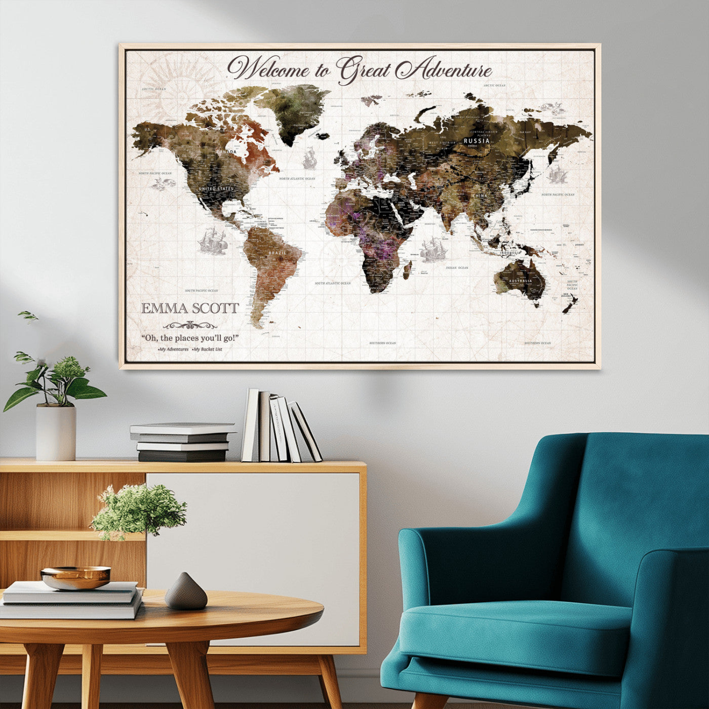 33631532-MGV-CV-36X24-Personalized World Map Wall Art – Dark Vintage Adventure Travel Map with Custom Names, Rustic Wall Decor for Couples, Home or