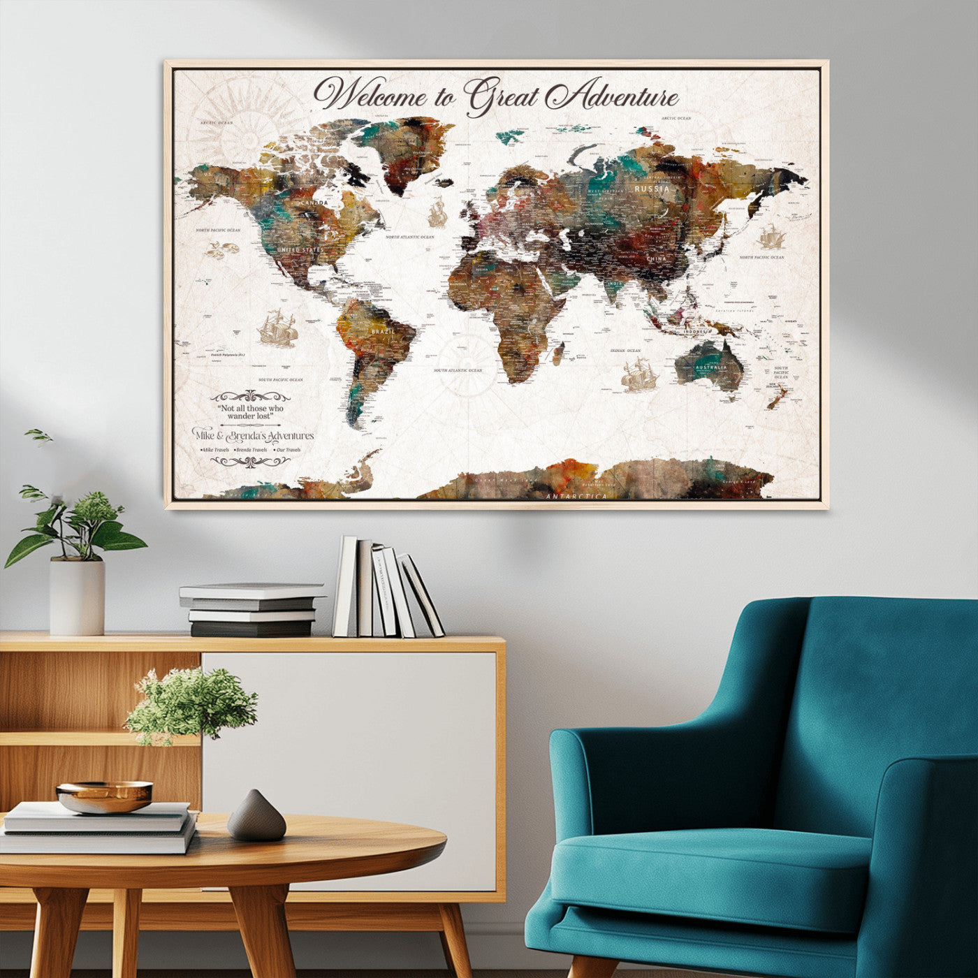67029173-MGV-CV-36X24-Personalized World Map Wall Art – Colorful Vintage Adventure Travel Map with Custom Couple Names, Rustic Wall Decor for Home,