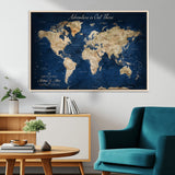71052542-MGV-CV-36X24-Personalized World Map Wall Art – Rustic Navy Blue Adventure Travel Map with Custom Couple Names, Vintage Wall Decor for Home or