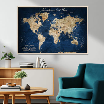 71052542-MGV-CV-36X24-Personalized World Map Wall Art – Rustic Navy Blue Adventure Travel Map with Custom Couple Names, Vintage Wall Decor for Home or