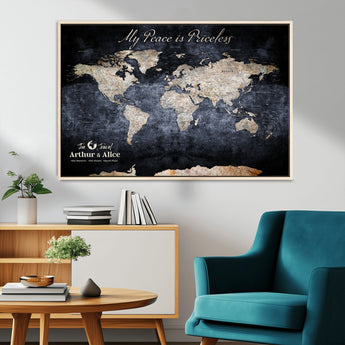 85403043-MGV-CV-36X24-Personalized World Map Wall Art – Dark Blue Rustic Adventure Map with Custom Couple Names, Vintage Wall Decor for Home or Travel