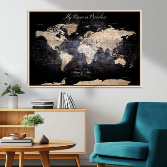 51488142-MGV-CV-36X24-Personalized World Map Wall Art – Dark Rustic Adventure Travel Map with Custom Names, Vintage Wall Decor for Couples, Families or