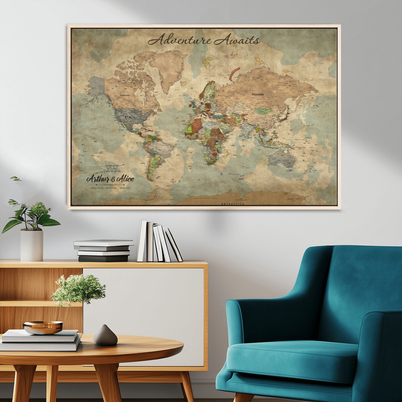 62500285-MGV-CV-36X24-Personalized World Map Wall Art – Rustic Watercolor Adventure Awaits Travel Map with Custom Couple Names, Vintage Wall Decor for