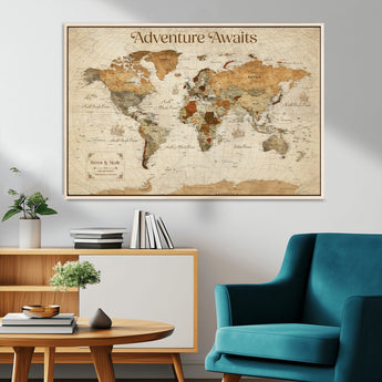 18685073-MGV-CV-36X24-Personalized World Map Wall Art – Antique Vintage Parchment Adventure Awaits Travel Map with Custom Couple Names, Rustic Wall