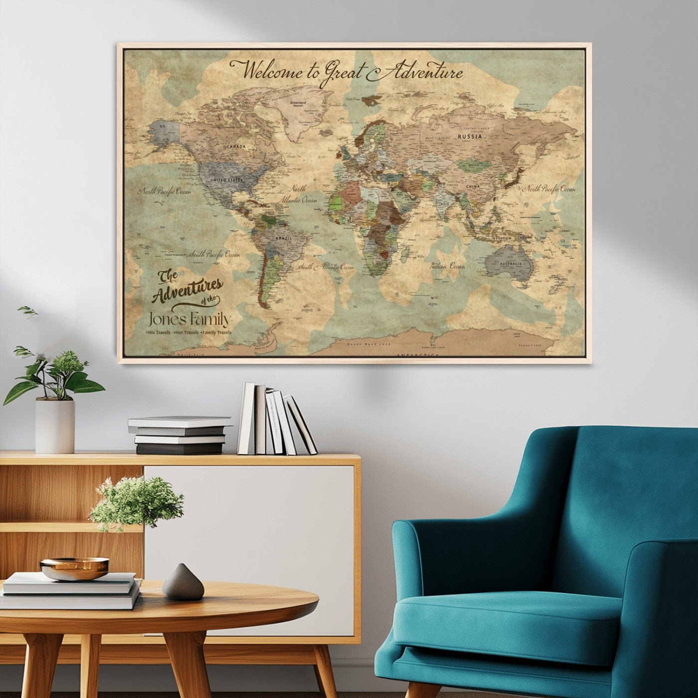 32019746-MGV-CV-36X24-Personalized World Map Wall Art – Vintage Camo Adventure Travel Map with Custom Family Names, Rustic Wall Decor for Couples, Home