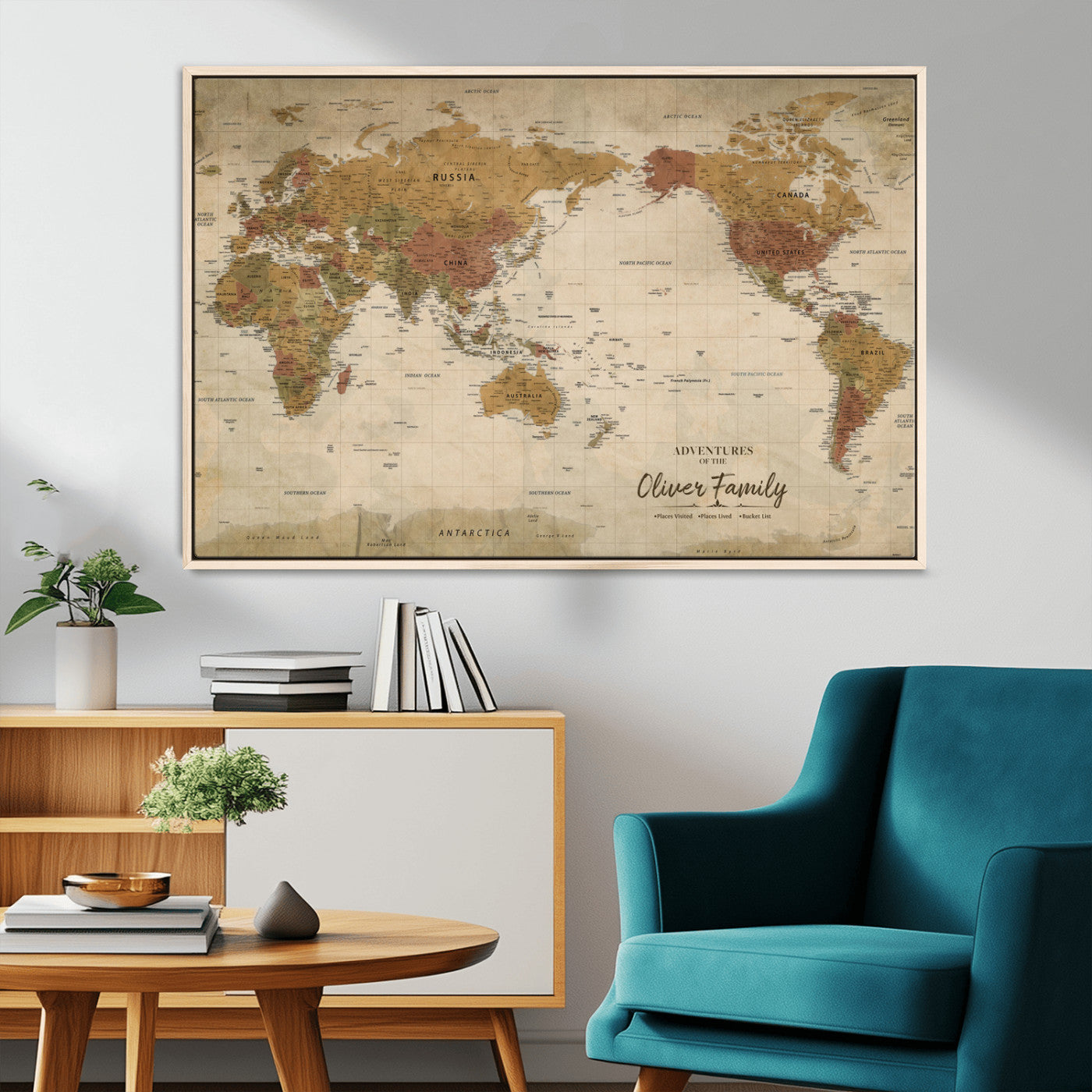 31874045-MGV-CV-36X24-Personalized World Map Wall Art – Vintage Earth Tone Adventure Map with Custom Family Names, Rustic Travel Decor for Home, Couples