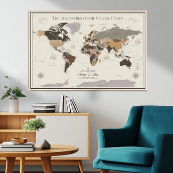 40679469-MGV-CV-36X24-Personalized World Map Wall Art – Neutral Tones Adventure Travel Map with Custom Family Names, Rustic Wall Decor for Living Room
