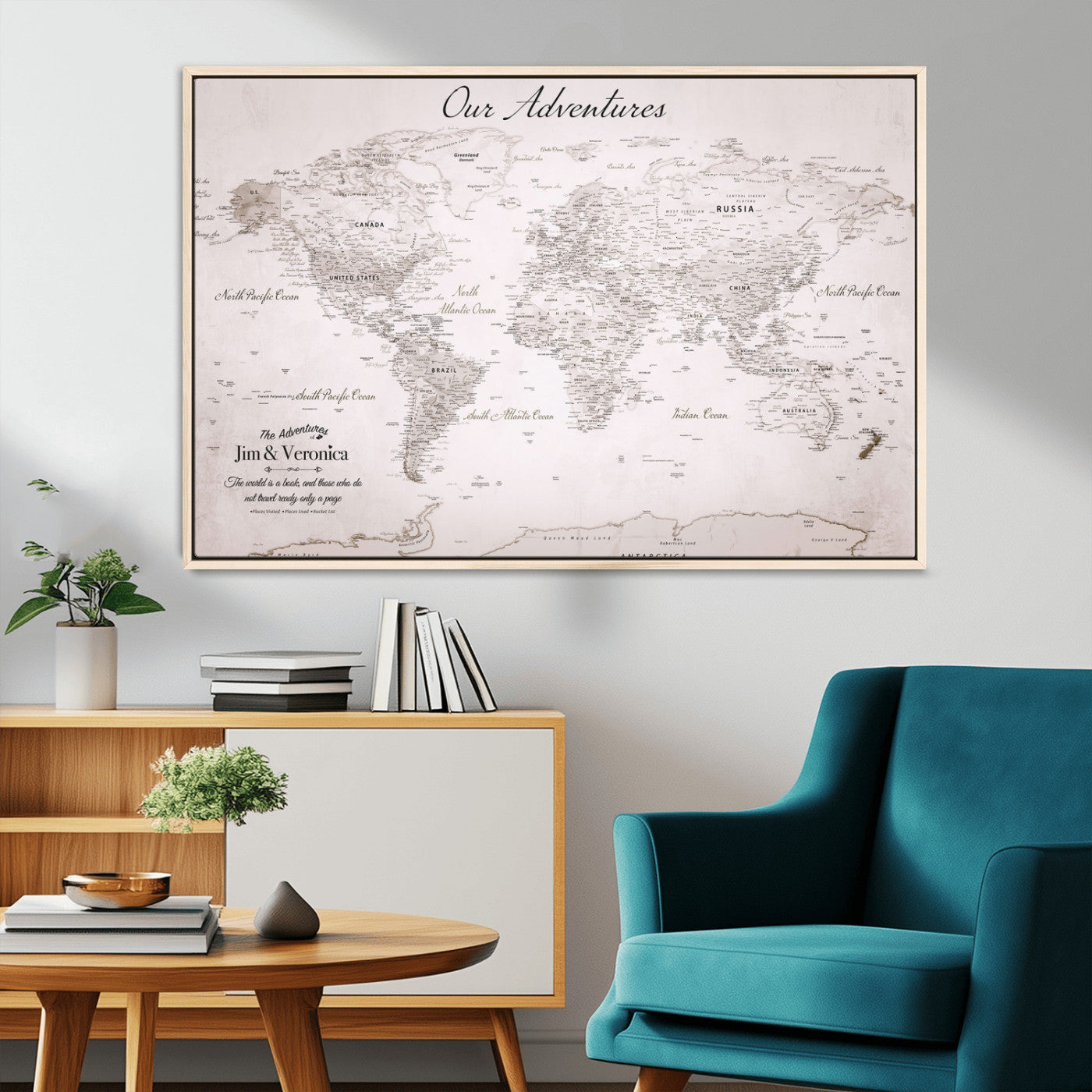 11706567-MGV-CV-36X24-Personalized World Map Wall Art – Minimalist Beige Adventure Travel Map with Custom Names, Elegant Push Pin Canvas for Couples,