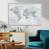 70605050-MGV-CV-36X24-Personalized World Map Wall Art – Cool Gray Adventure Travel Map with Custom Names, Elegant Push Pin Canvas for Couples, Family