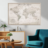 93034948-MGV-CV-36X24-Personalized World Map Wall Art – Vintage Beige Adventure Travel Map with Custom Names, Elegant Push Pin Canvas for Couples,