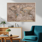 93226713-MGV-CV-36X24-Personalized World Map Wall Art – Adventure Awaits Rustic Earth-Tone Travel Map with Custom Names, Vintage Wall Decor for Couples,